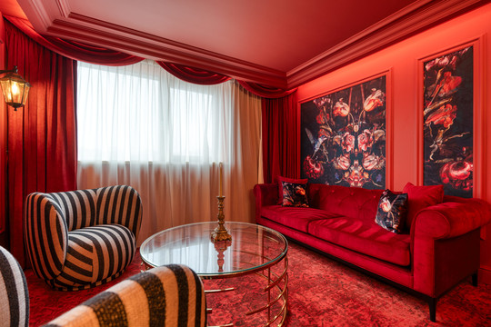 Découvrez le salon raffiné de la Suite Cabaret Rouge à Liège, un espace chic et confortable idéal pour se détendre dans une ambiance cabaret intime et luxueuse.